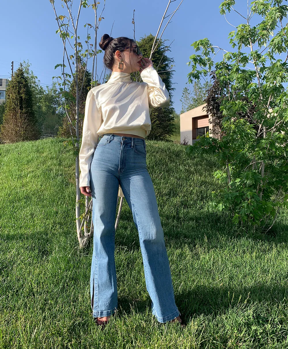 Off White Satin Turtleneck Long Sleeve Top