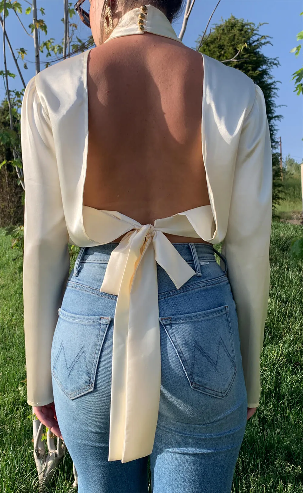 Off White Satin Turtleneck Long Sleeve Top