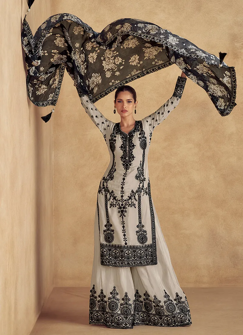 Off White Thread Embroidery Traditional Palazzo Suit