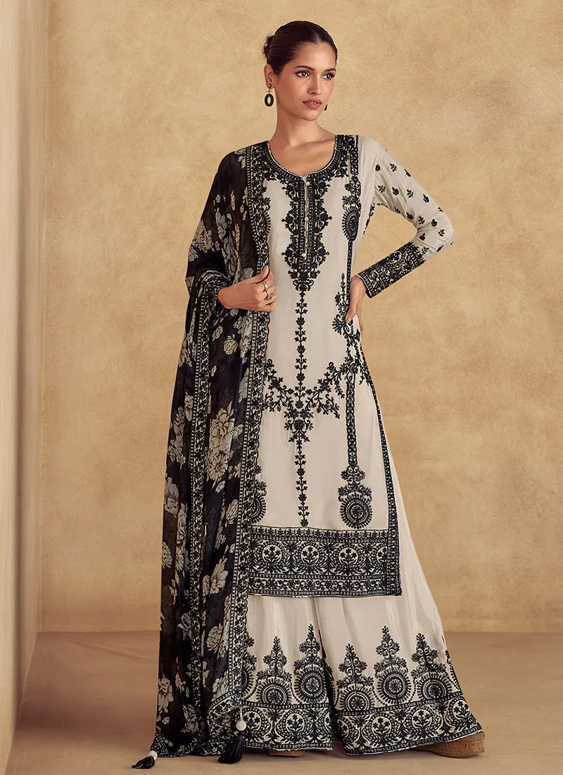 Off White Thread Embroidery Traditional Palazzo Suit