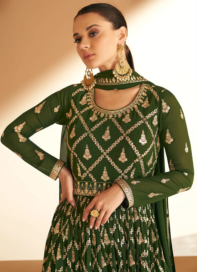 Olive Green Sequence Embroidery Wedding Anarkali Gown