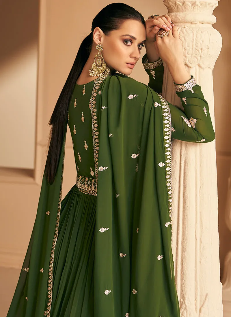 Olive Green Sequence Embroidery Wedding Anarkali Gown