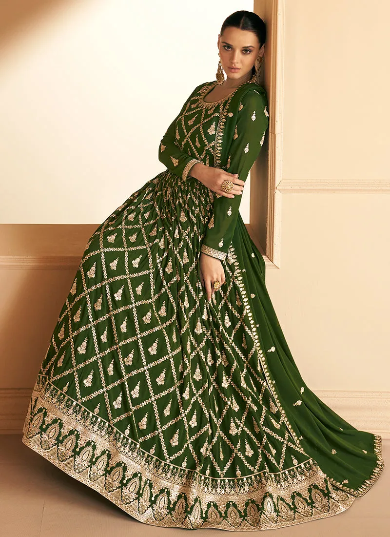 Olive Green Sequence Embroidery Wedding Anarkali Gown
