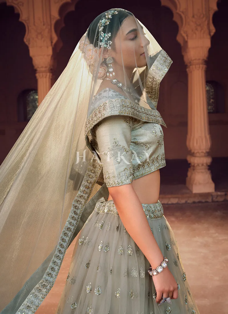 Olive Green Traditional Embroidered Wedding Lehenga Choli