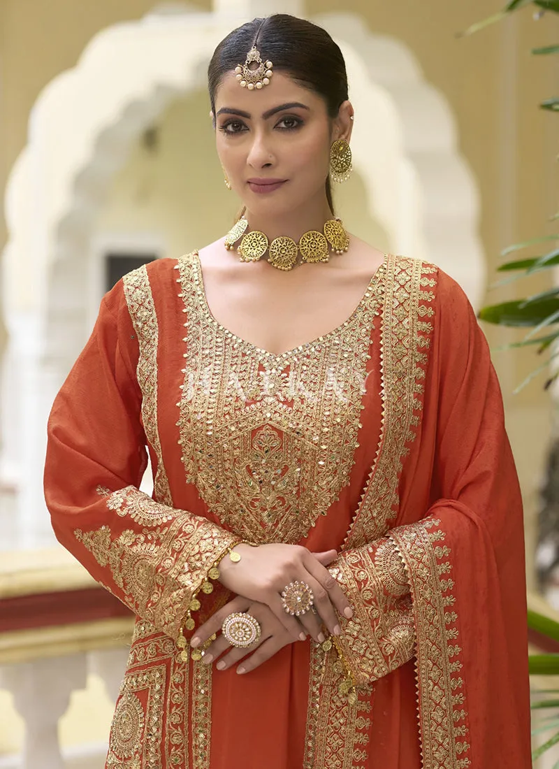 Orange Golden Embroidered Pakistani Palazzo Style Suit
