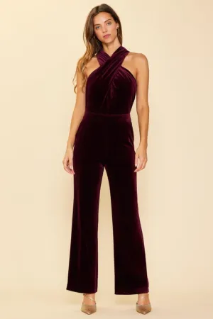 Party Perfect Velvet Halter Jumpsuit - Burgundy - SALE