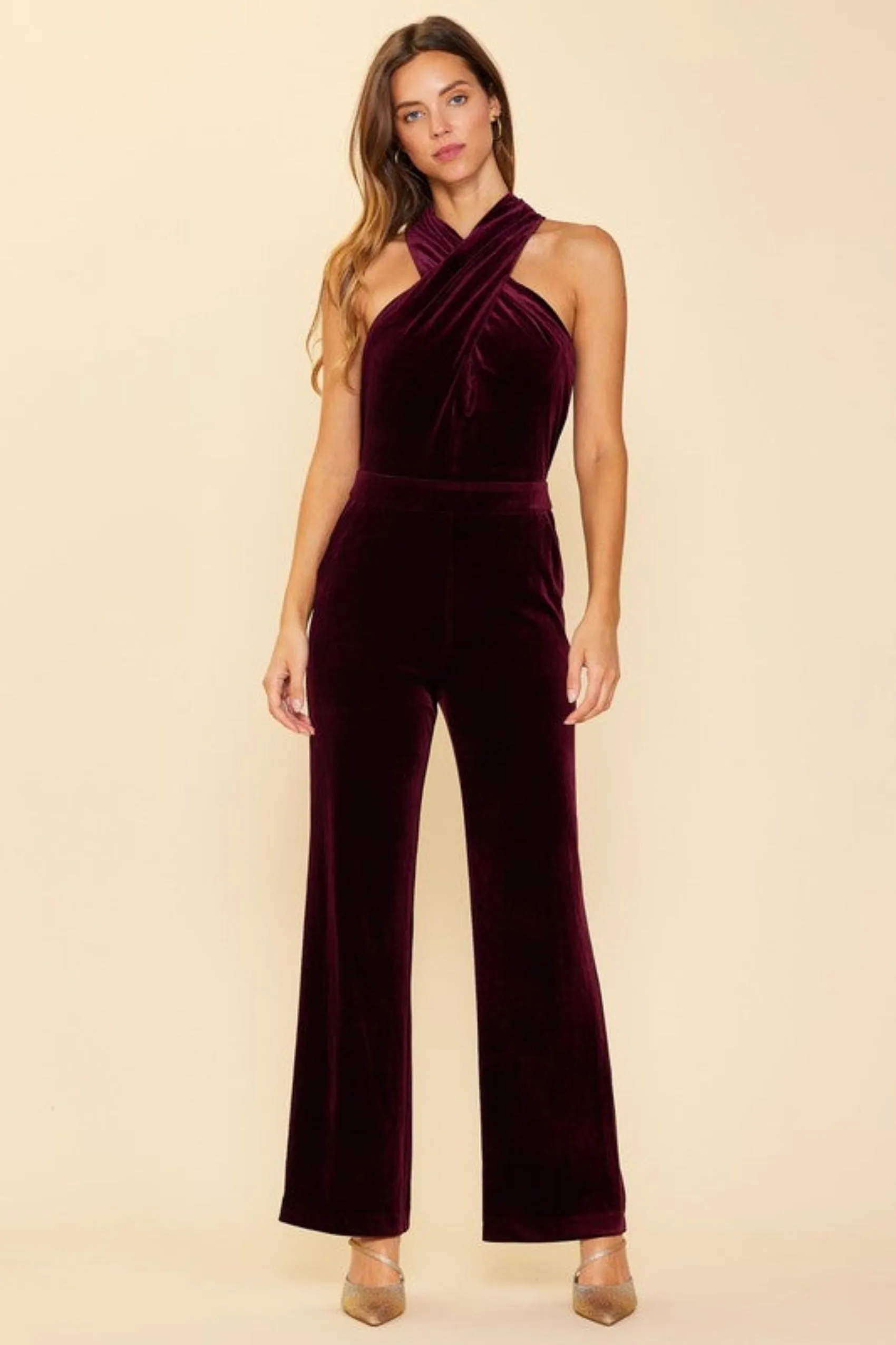 Party Perfect Velvet Halter Jumpsuit - Burgundy - SALE