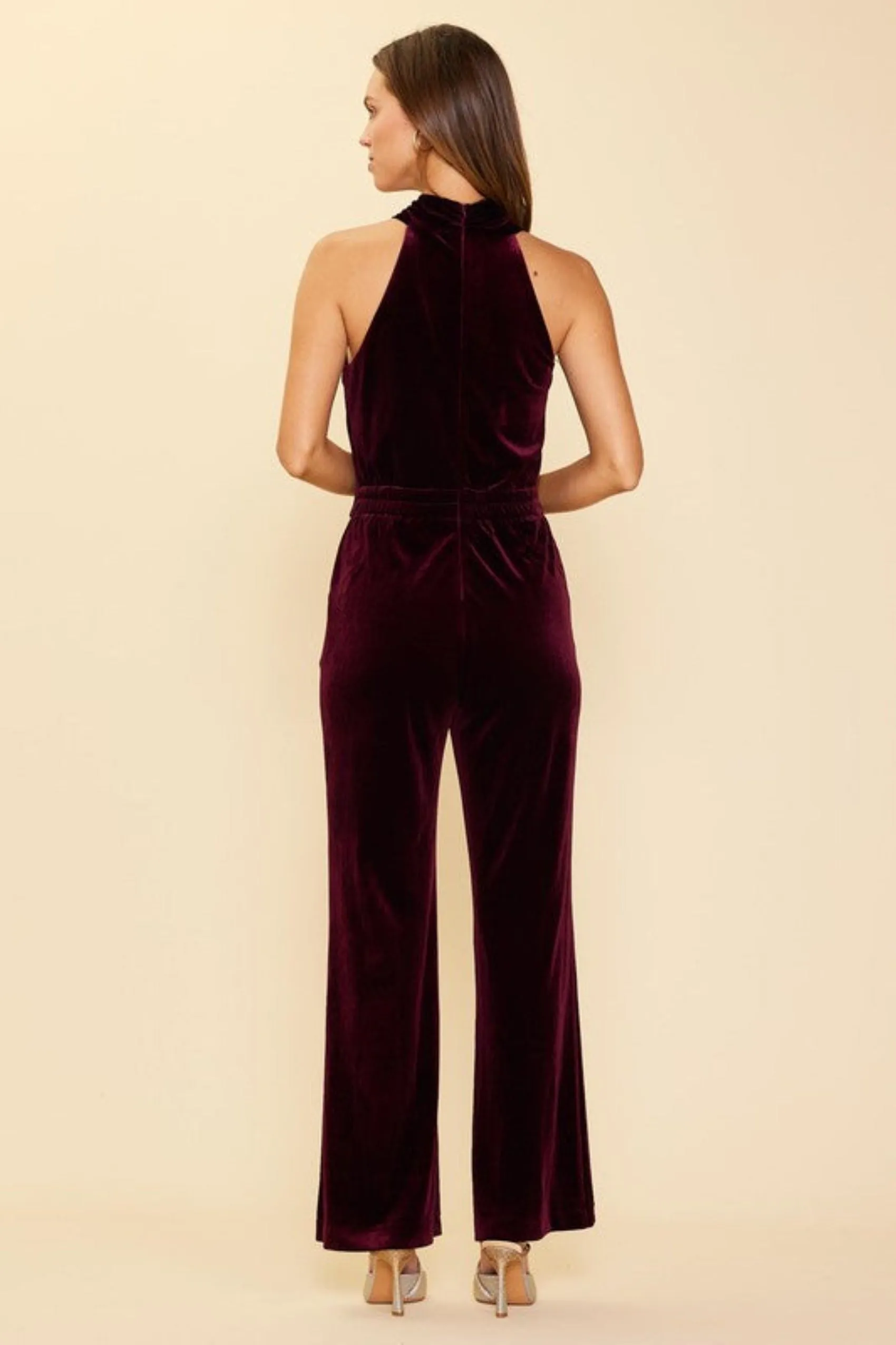 Party Perfect Velvet Halter Jumpsuit - Burgundy - SALE