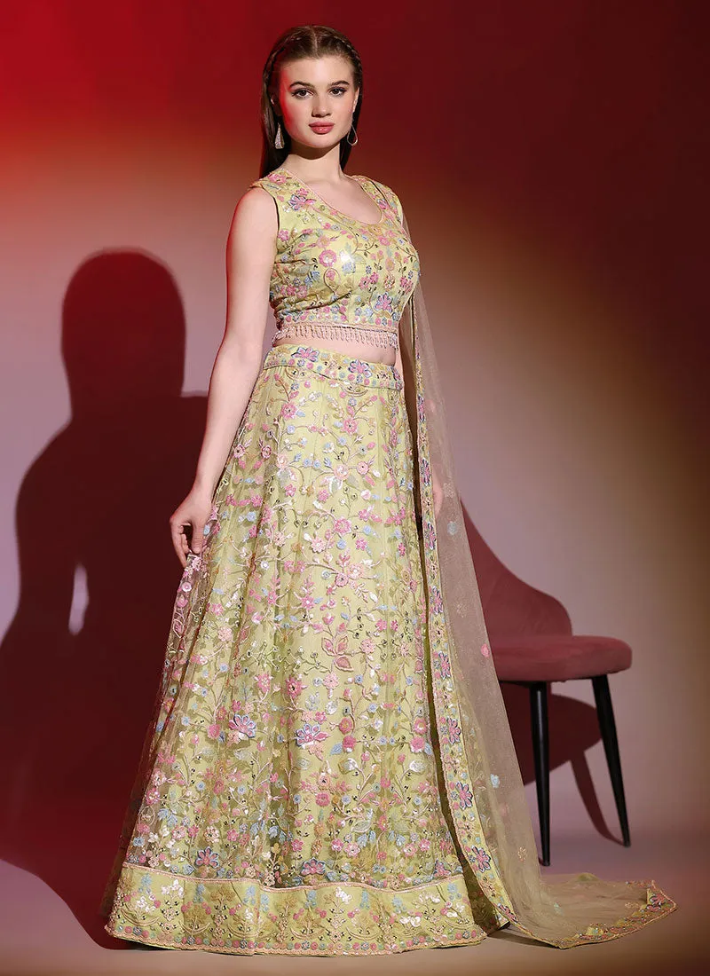 Pastel Yellow Multi Embroidery Wedding Lehenga Choli With Dupatta
