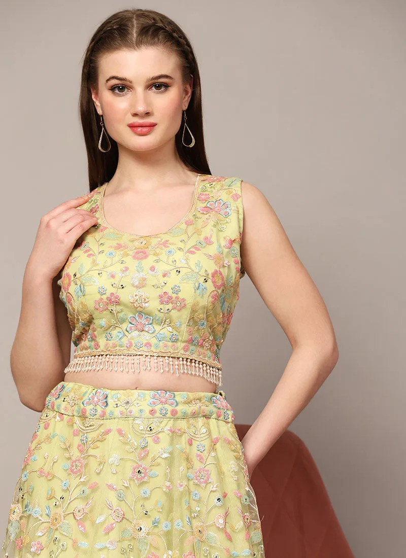 Pastel Yellow Multi Embroidery Wedding Lehenga Choli With Dupatta