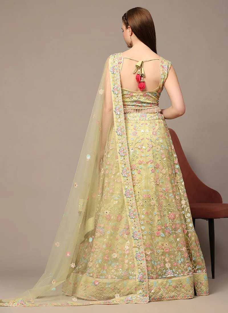 Pastel Yellow Multi Embroidery Wedding Lehenga Choli With Dupatta