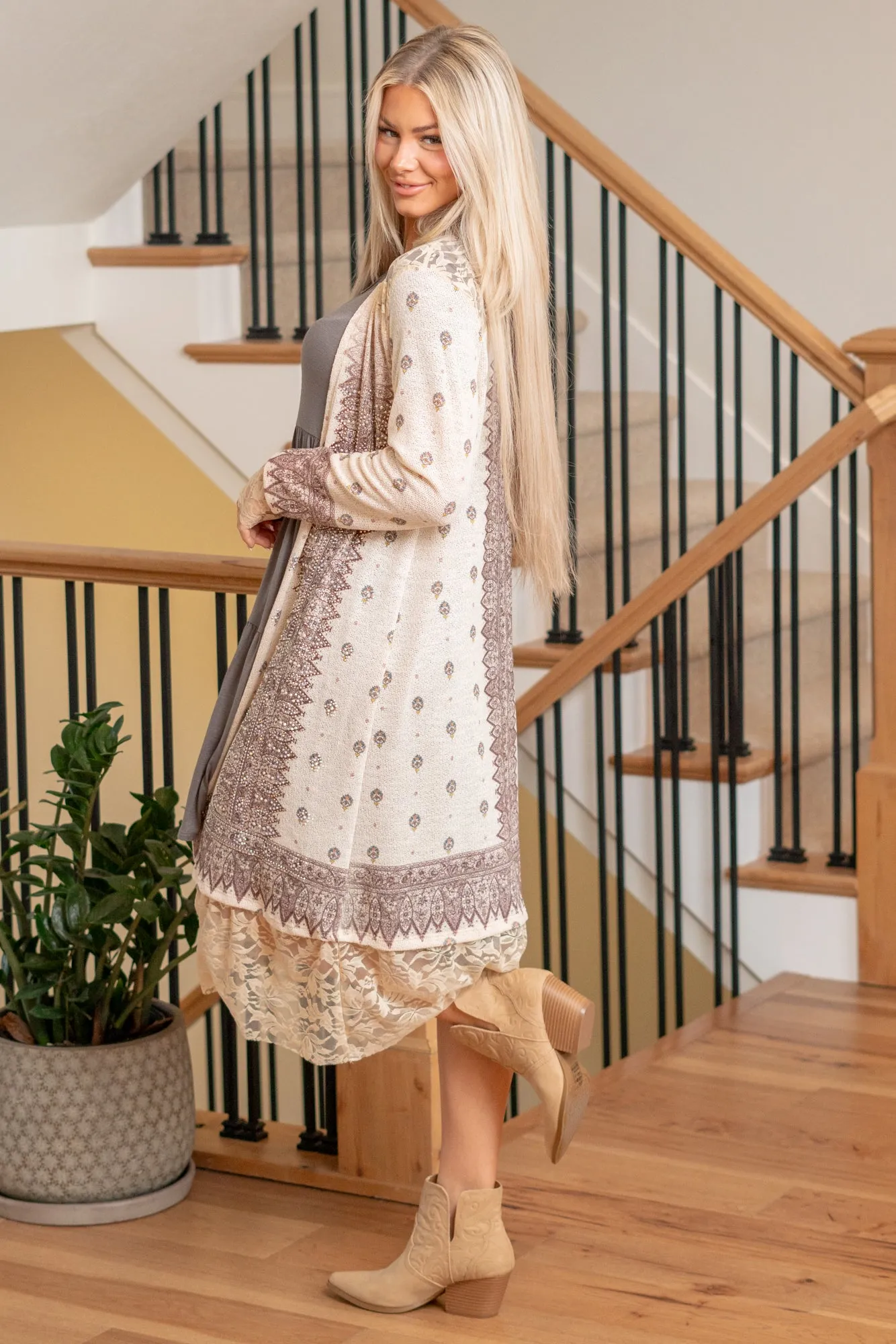 Paula Lace & Rhinestones Open Cardi - Taupe