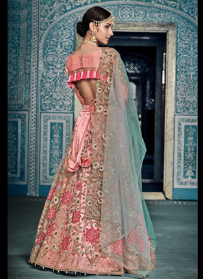 Peach And Blue Embroidered Kaliyaari Lehenga Choli Set