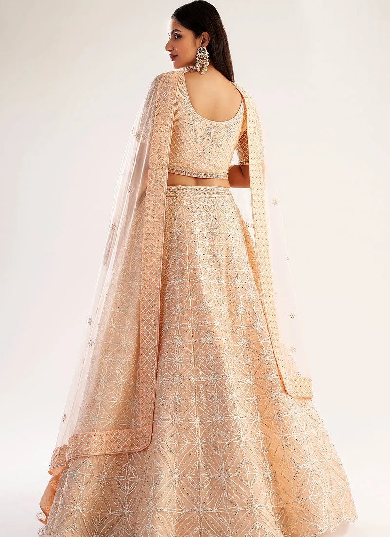 Peach Embroidered Soft Net Wedding Lehenga Choli