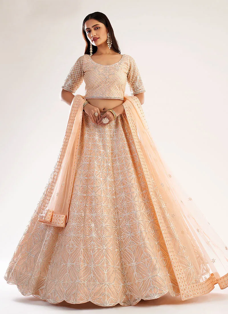 Peach Embroidered Soft Net Wedding Lehenga Choli