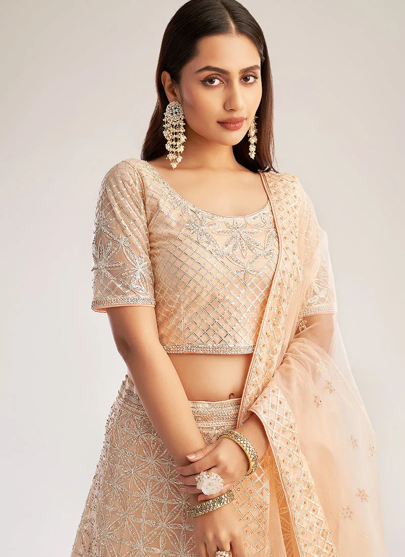Peach Embroidered Soft Net Wedding Lehenga Choli