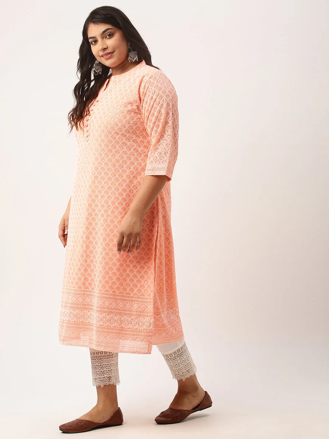 Peach Georgette Mandarin Collar Neck 3/4th Sleeves Chikankari Embroidery Ethnic Wear Kurta for Women - ZOLA