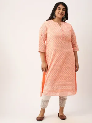 Peach Georgette Mandarin Collar Neck 3/4th Sleeves Chikankari Embroidery Ethnic Wear Kurta for Women - ZOLA