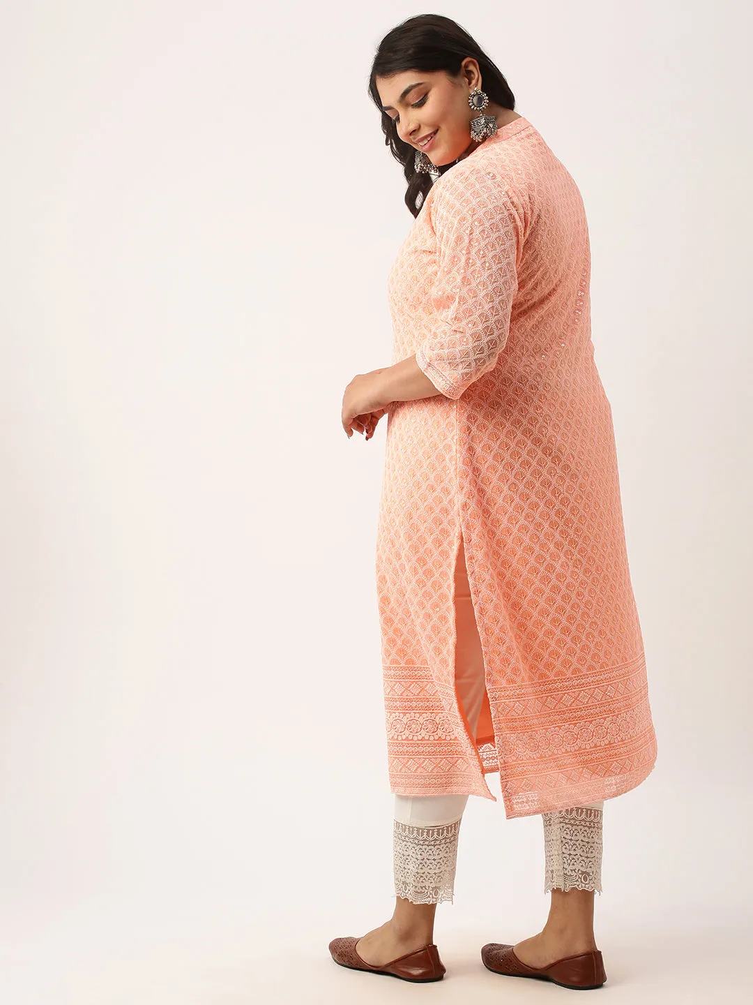 Peach Georgette Mandarin Collar Neck 3/4th Sleeves Chikankari Embroidery Ethnic Wear Kurta for Women - ZOLA