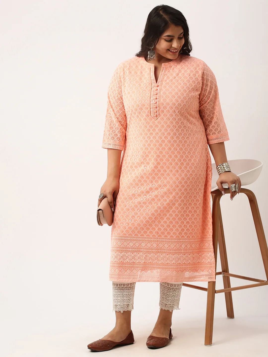 Peach Georgette Mandarin Collar Neck 3/4th Sleeves Chikankari Embroidery Ethnic Wear Kurta for Women - ZOLA