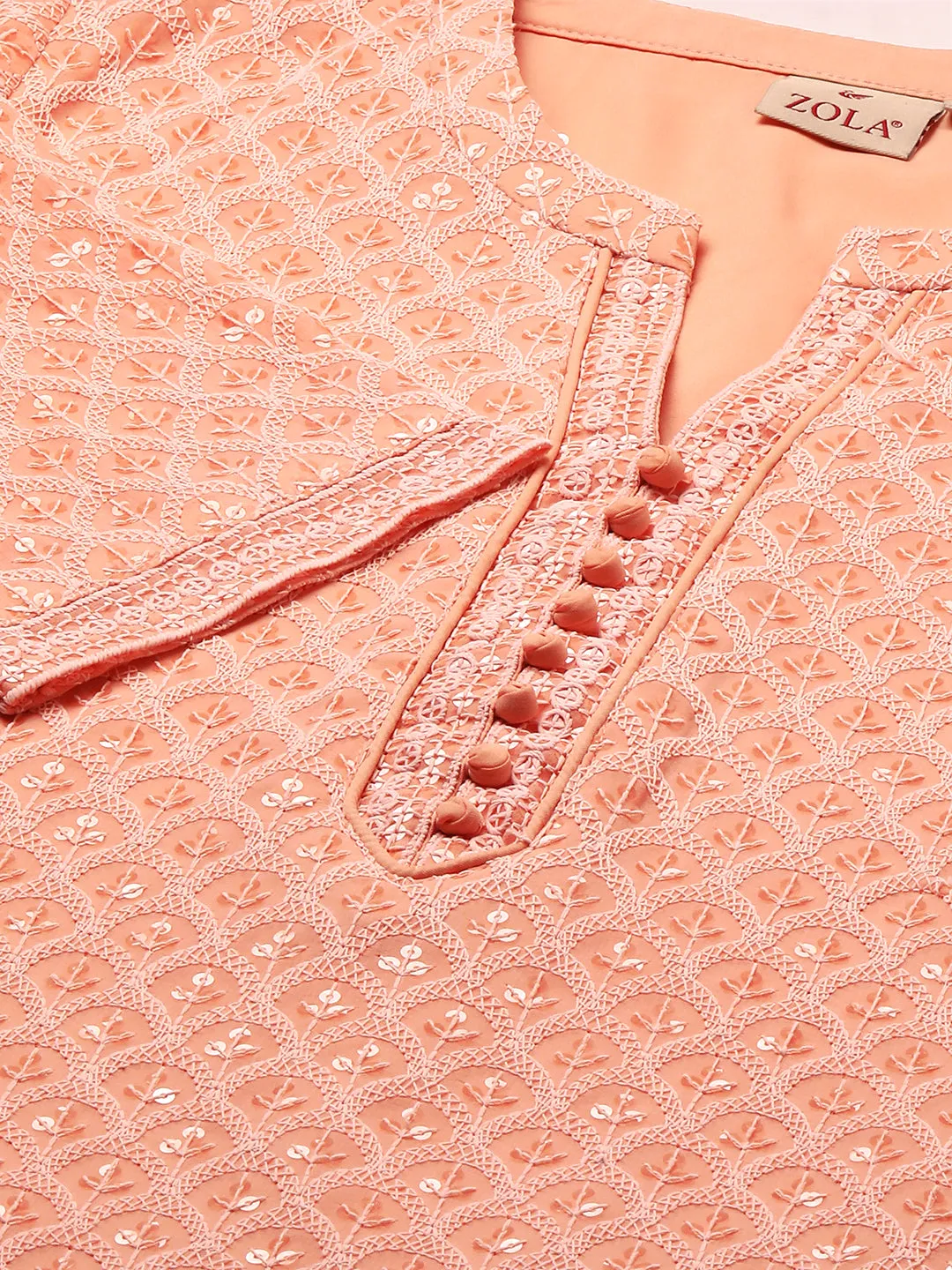 Peach Georgette Mandarin Collar Neck 3/4th Sleeves Chikankari Embroidery Ethnic Wear Kurta for Women - ZOLA