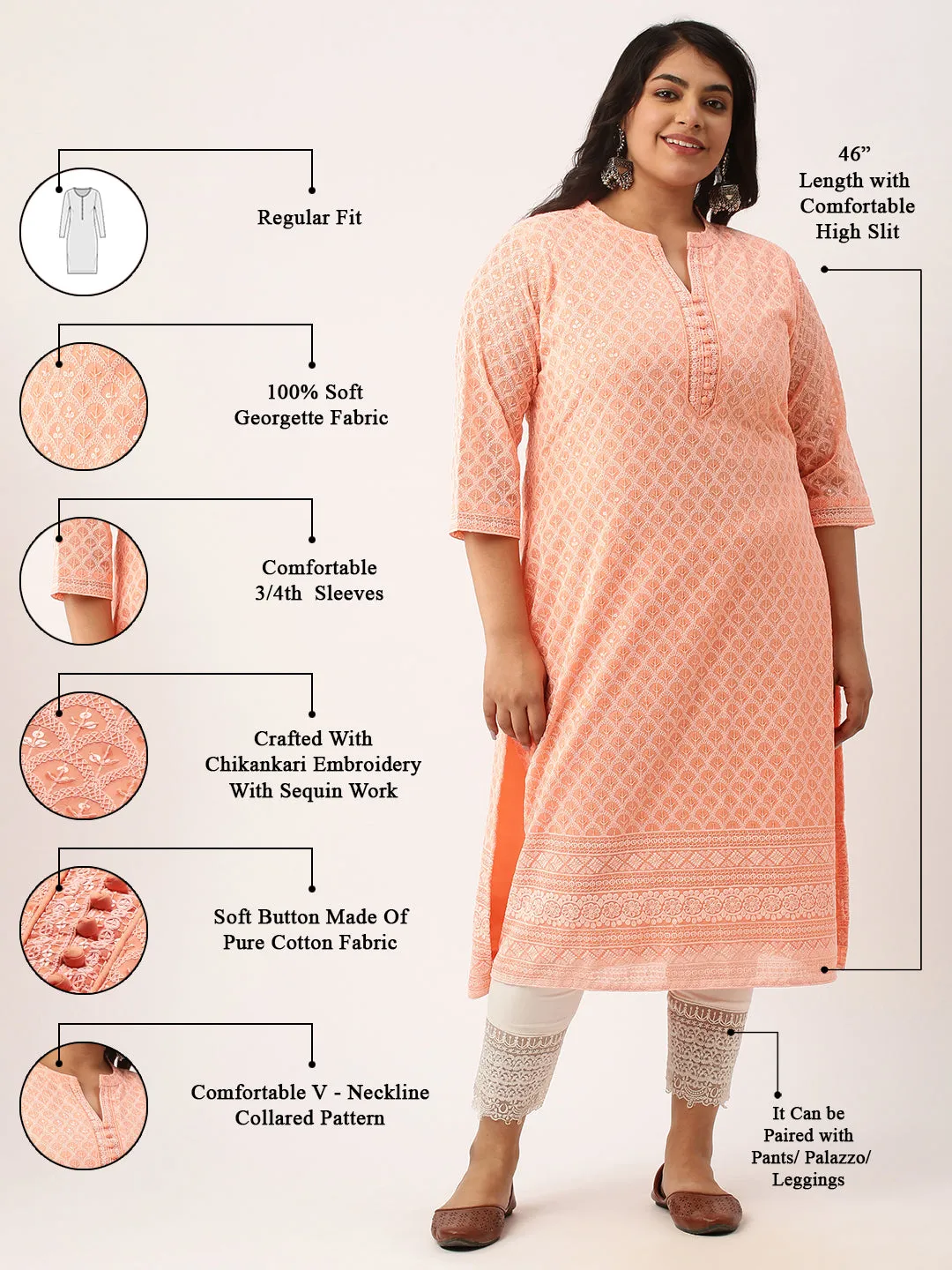 Peach Georgette Mandarin Collar Neck 3/4th Sleeves Chikankari Embroidery Ethnic Wear Kurta for Women - ZOLA