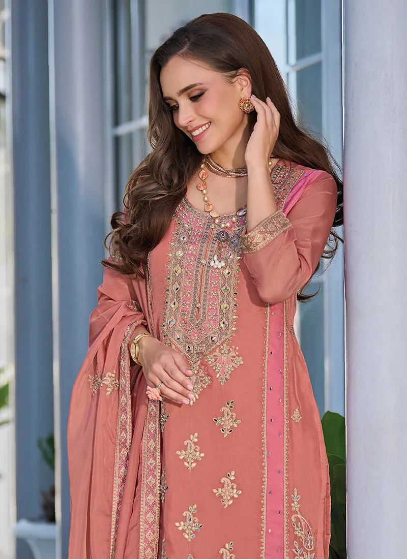 Peach Golden Embroidery Traditional Salwar Kameez