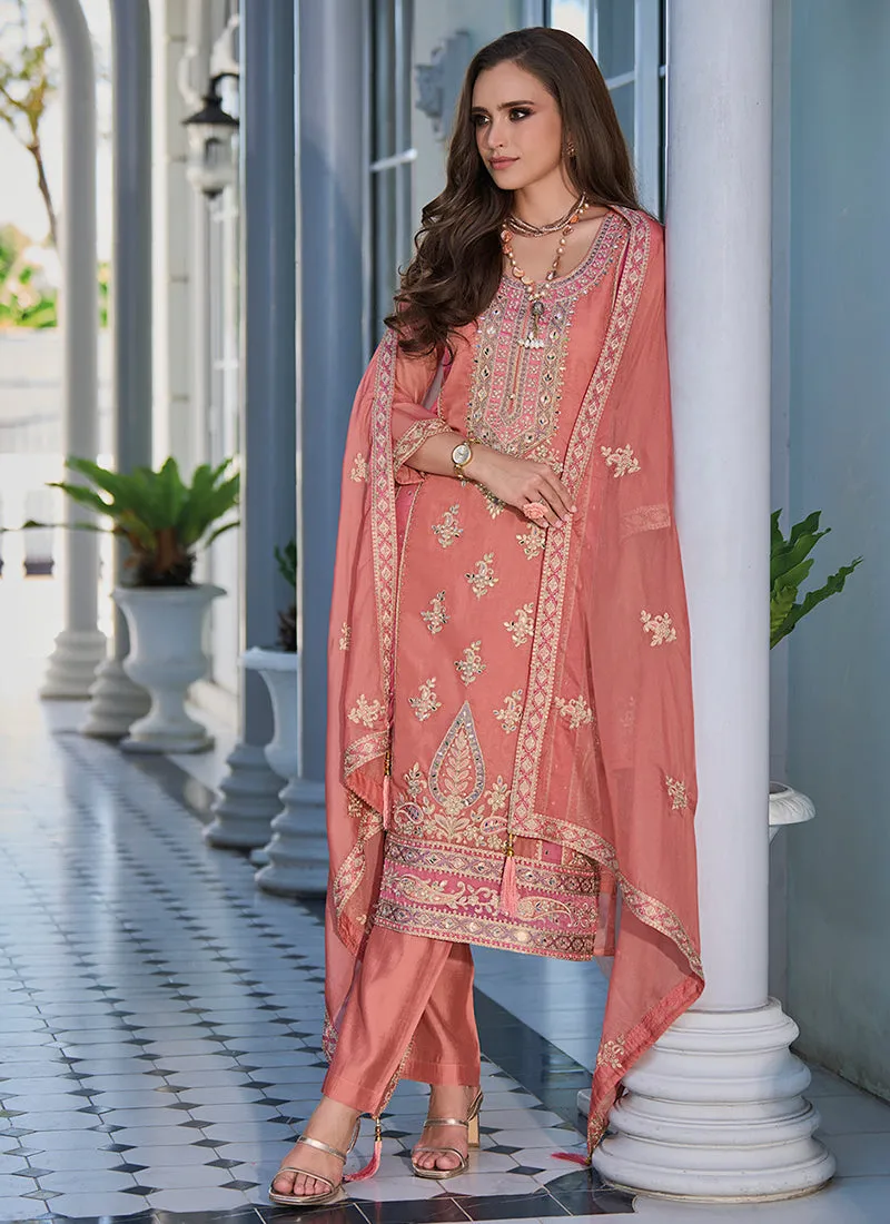 Peach Golden Embroidery Traditional Salwar Kameez