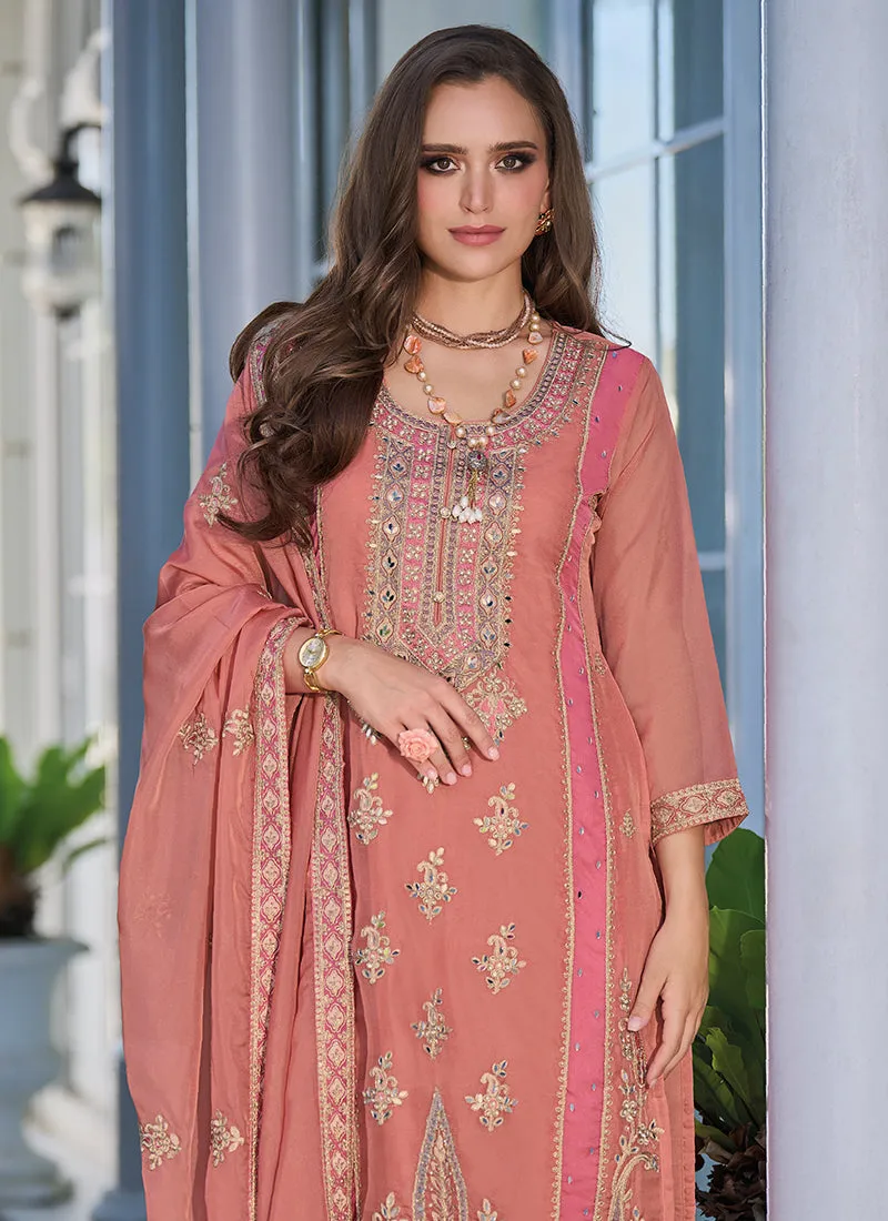 Peach Golden Embroidery Traditional Salwar Kameez