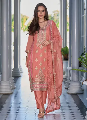 Peach Golden Embroidery Traditional Salwar Kameez