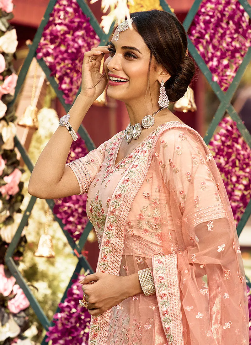 Peach Multi Reshamkari Embroidered Wedding Lehenga Choli