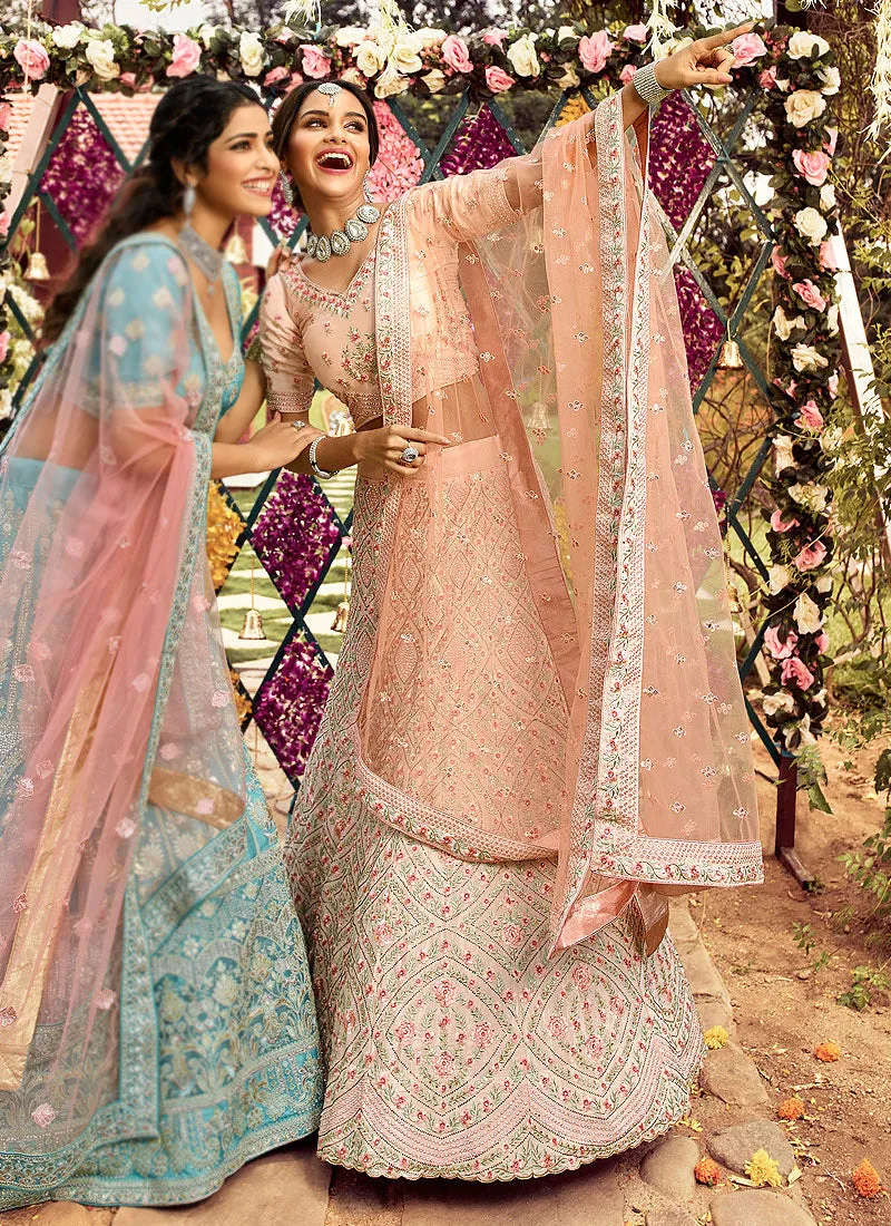 Peach Multi Reshamkari Embroidered Wedding Lehenga Choli