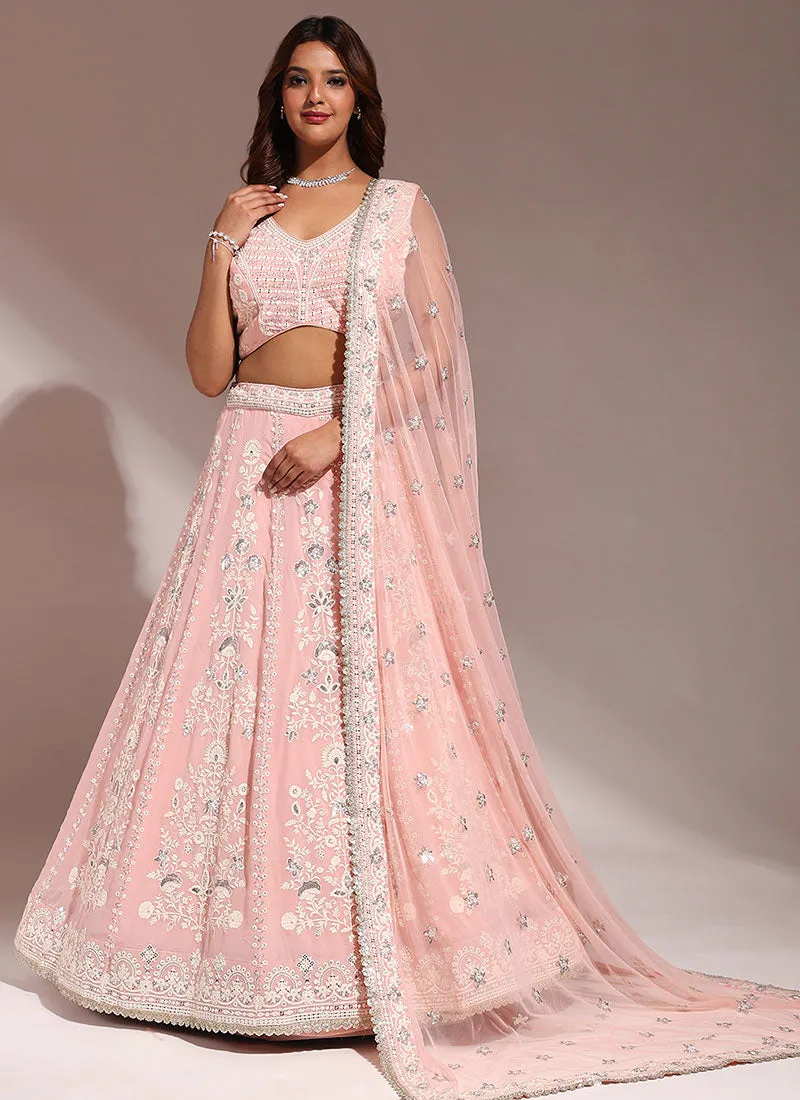 Peach Sequence And Thread Embroidery Wedding Lehenga Choli