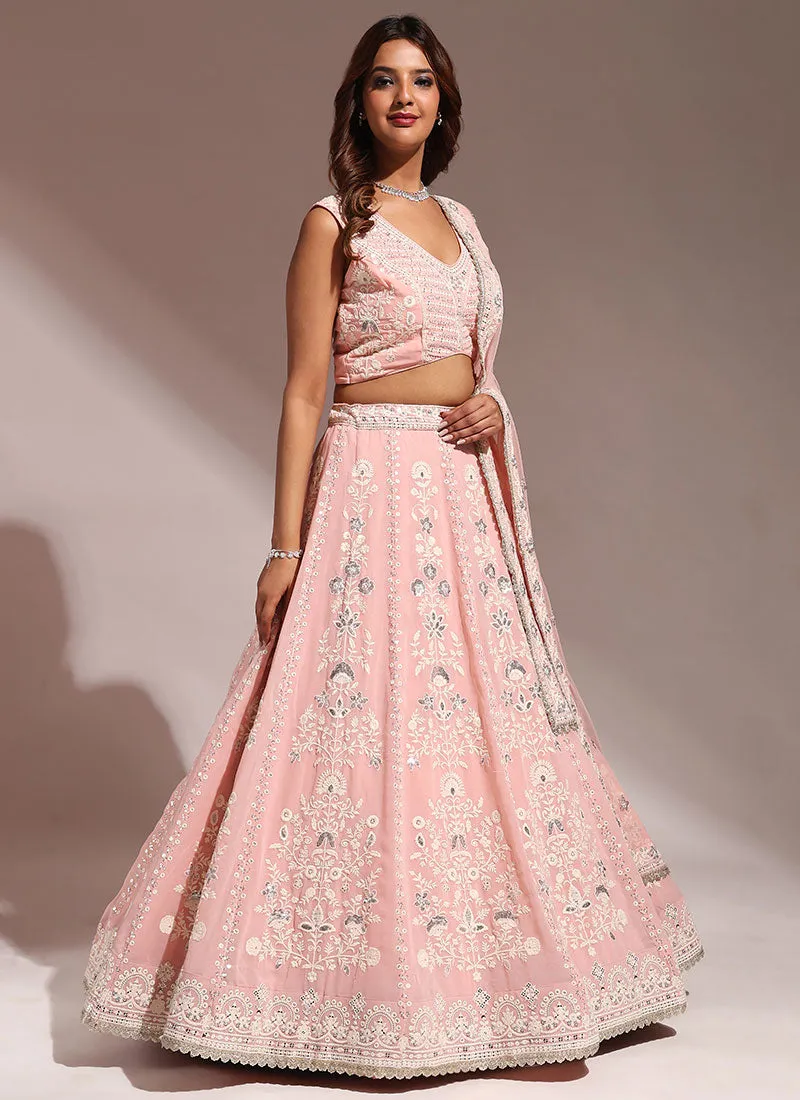 Peach Sequence And Thread Embroidery Wedding Lehenga Choli