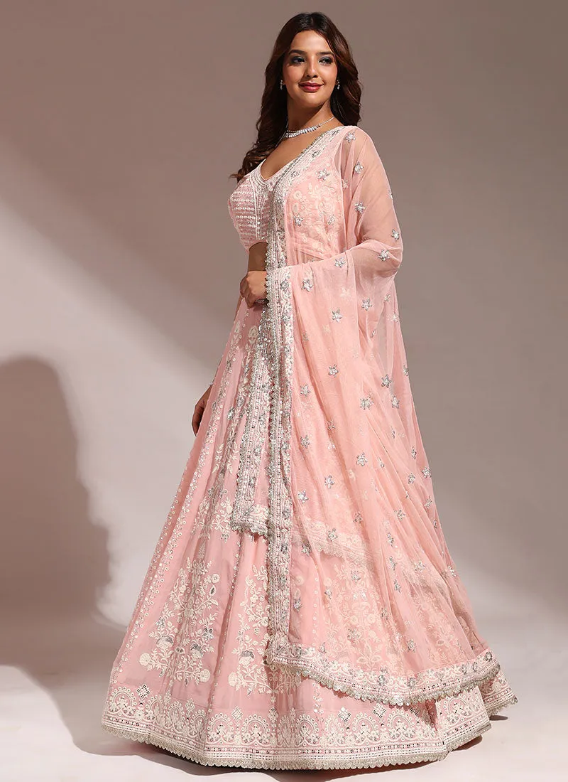 Peach Sequence And Thread Embroidery Wedding Lehenga Choli