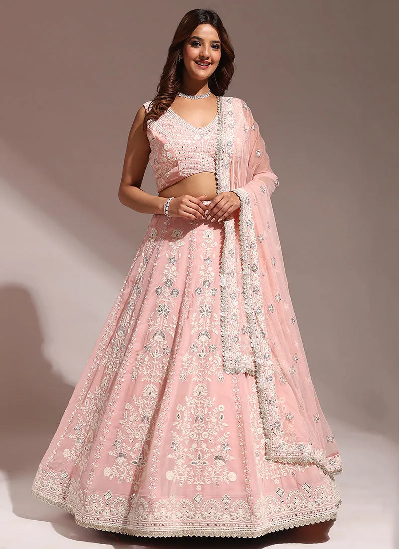 Peach Sequence And Thread Embroidery Wedding Lehenga Choli