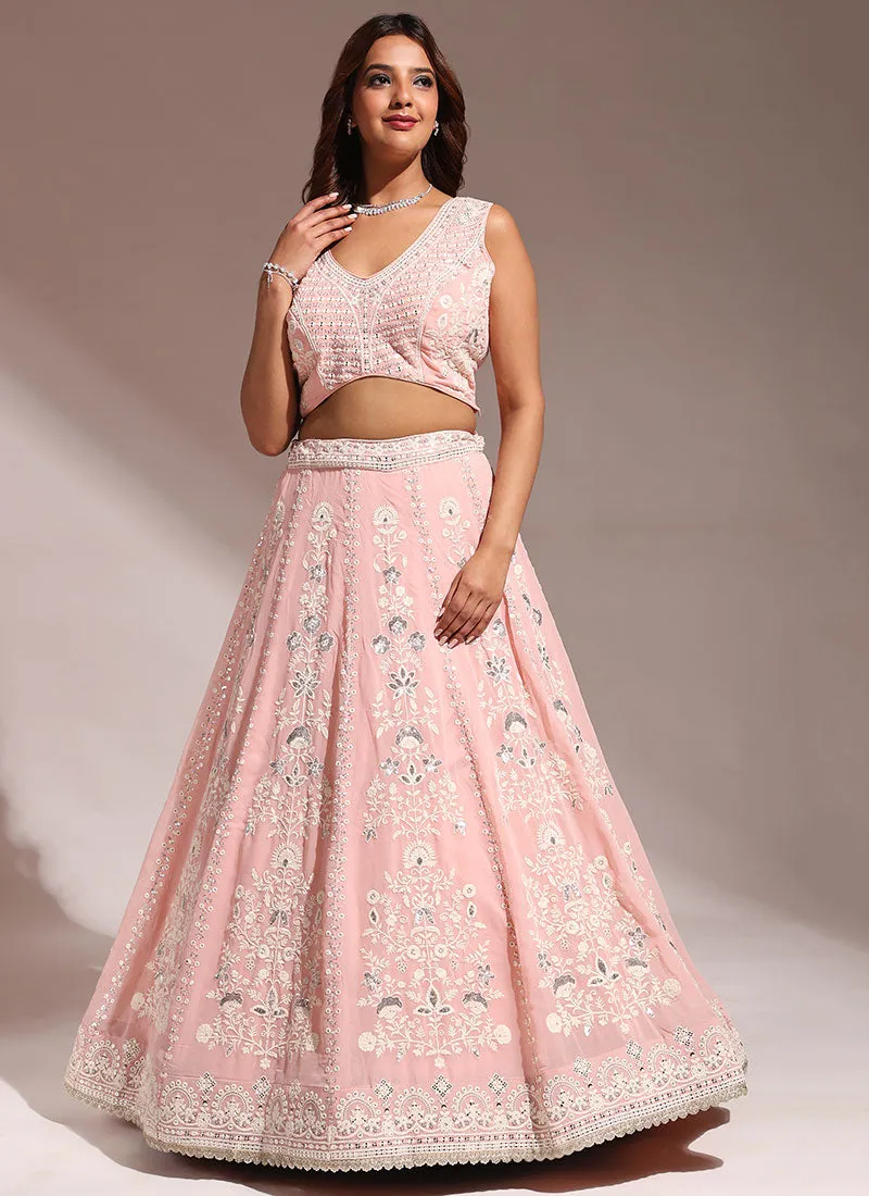 Peach Sequence And Thread Embroidery Wedding Lehenga Choli