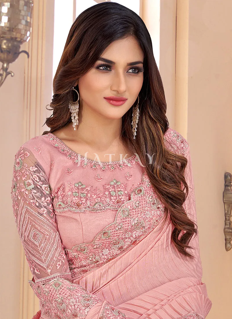 Peach Sequence Embroidered Crush Wedding Saree