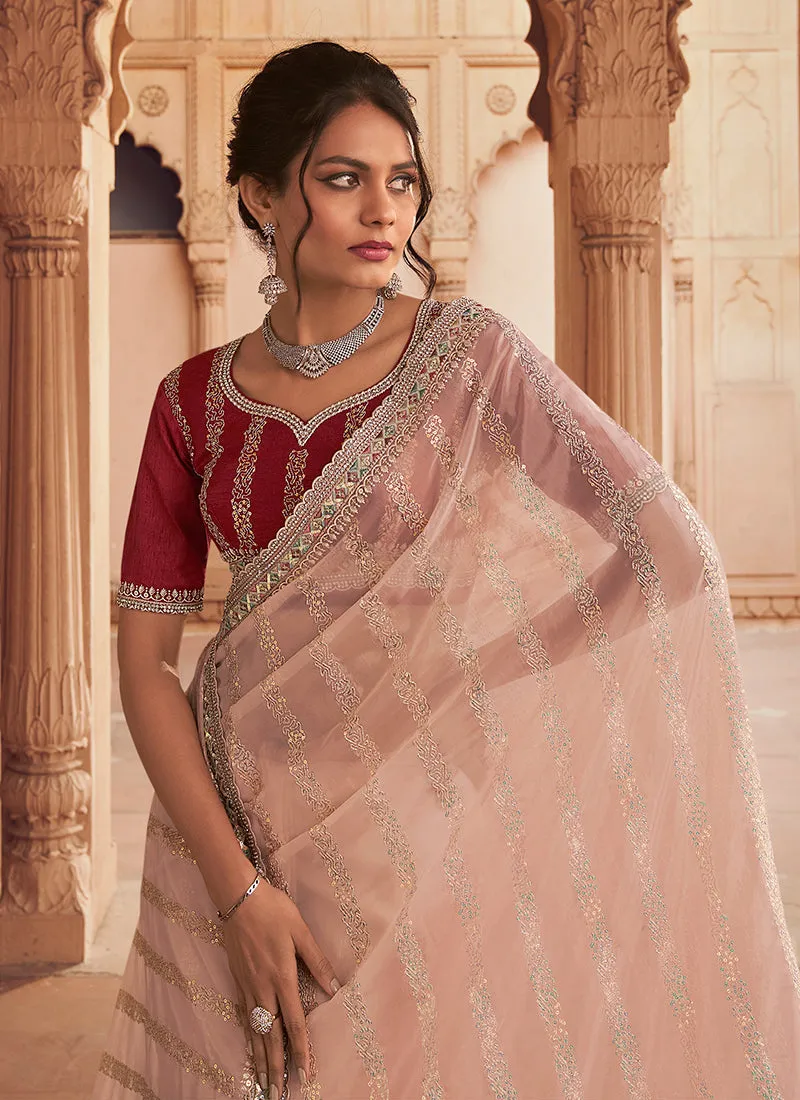Peach Two Tone Traditional Embroidery Organza Silk Saree