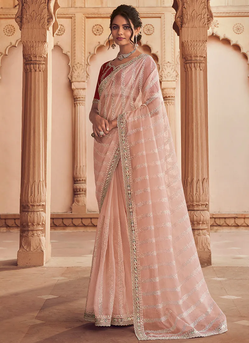 Peach Two Tone Traditional Embroidery Organza Silk Saree