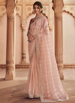 Peach Two Tone Traditional Embroidery Organza Silk Saree