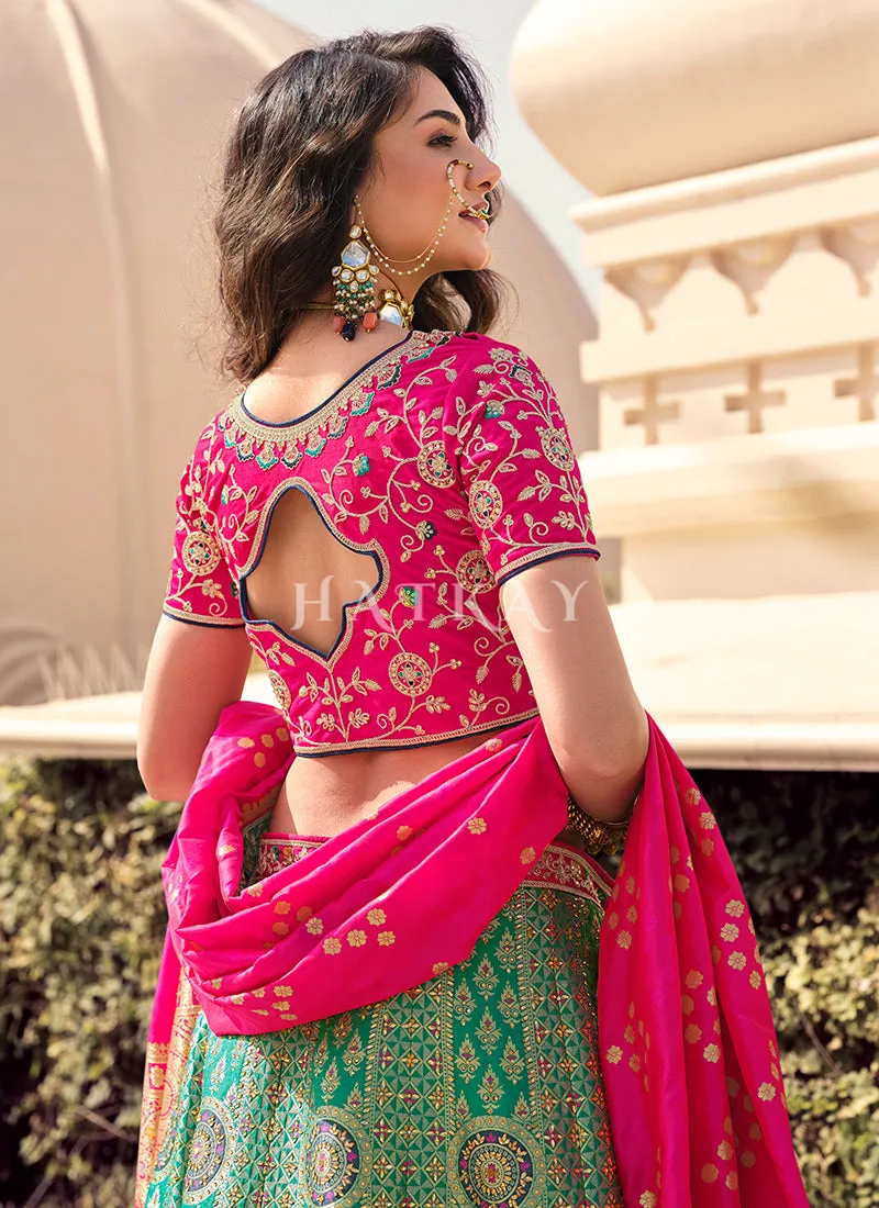 Pink And Green Multi Traditional Embroidered Wedding Lehenga Choli