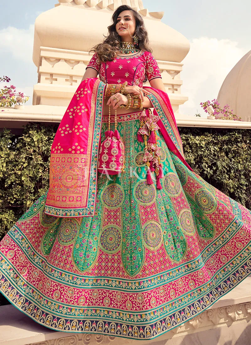 Pink And Green Multi Traditional Embroidered Wedding Lehenga Choli