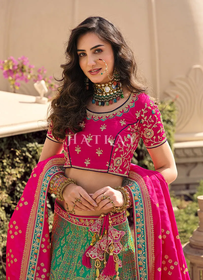 Pink And Green Multi Traditional Embroidered Wedding Lehenga Choli