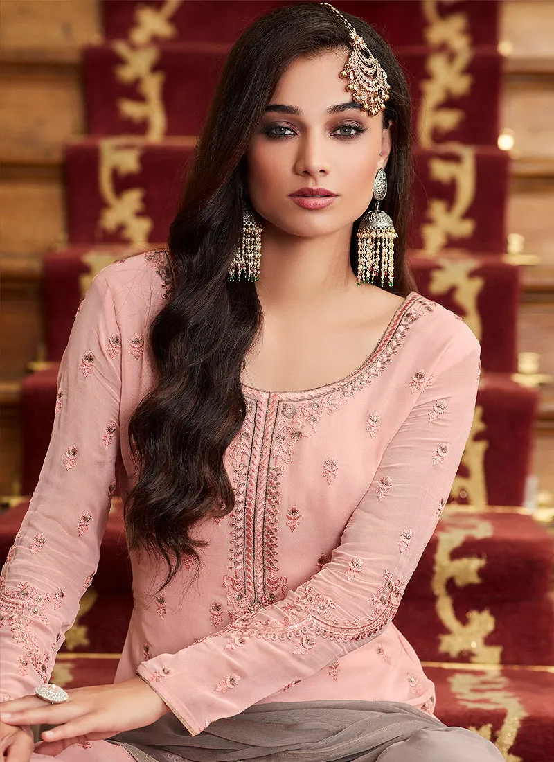 Pink And Grey Traditional Embroidered Gharara Suit