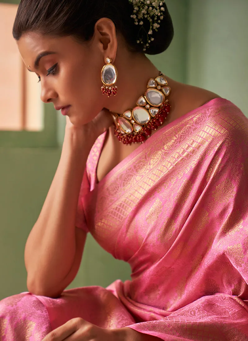Pink Brocade Detailed Kanjivaram Silk Saree