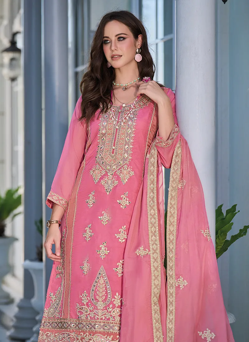 Pink Golden Embroidery Traditional Salwar Kameez