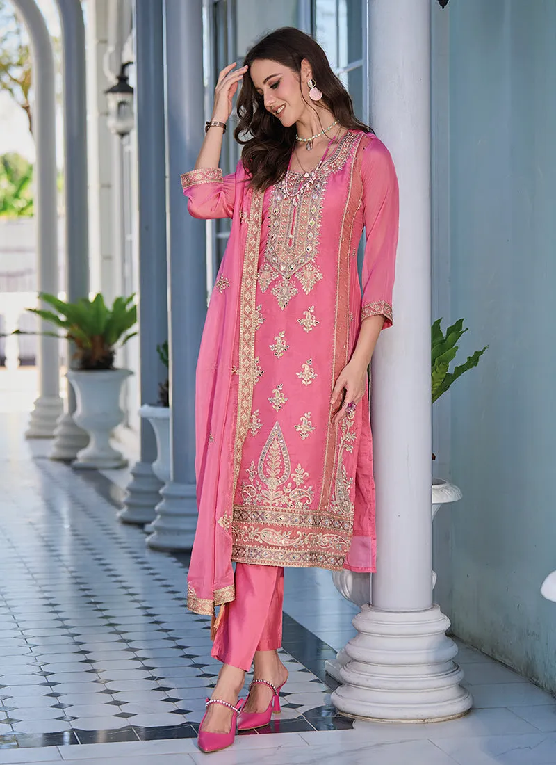 Pink Golden Embroidery Traditional Salwar Kameez