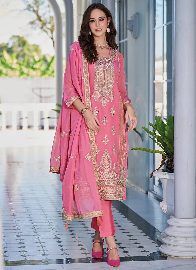 Pink Golden Embroidery Traditional Salwar Kameez