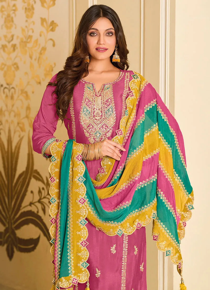 Pink Multi Embroidery Traditional Pant Style Suit
